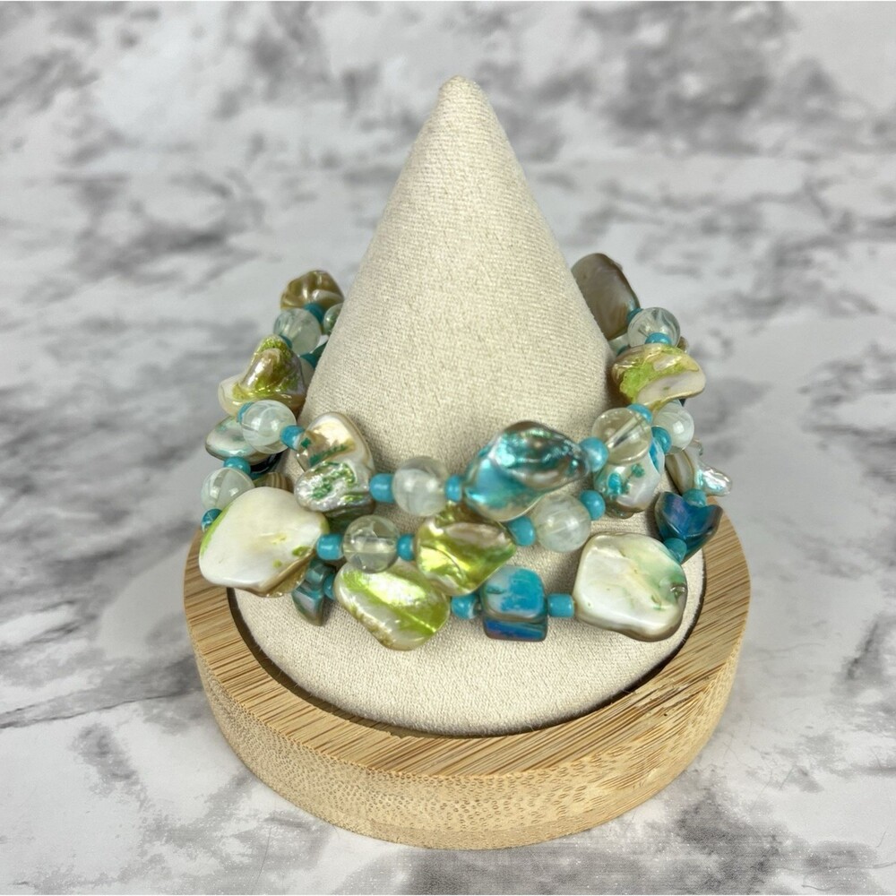 Chunky beaded Shell glass stretch bracelets Teal Iridescent Bohemian Beach